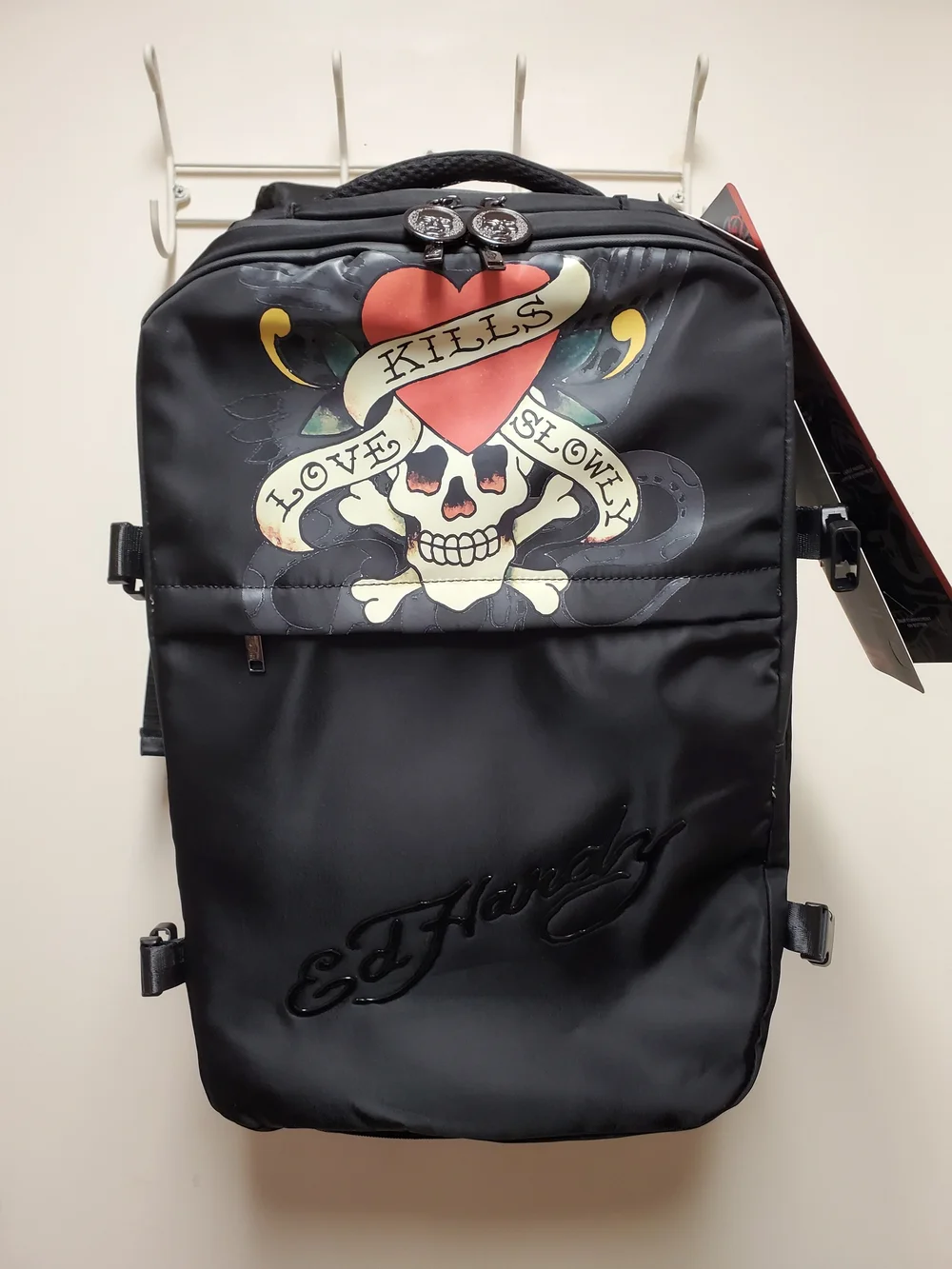 Ed Hardy Love Kills Sli Backpack with Red Heart & Tattoo Skull Graphic